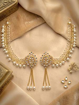 Kundan ear chain ear to hair chain green beads pearl bahubali jhumar rajputi bridal jewellery for women & girls 2
