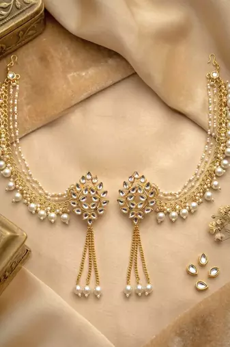 Kundan ear chain ear to hair chain green beads pearl bahubali jhumar rajputi bridal jewellery for women & girls