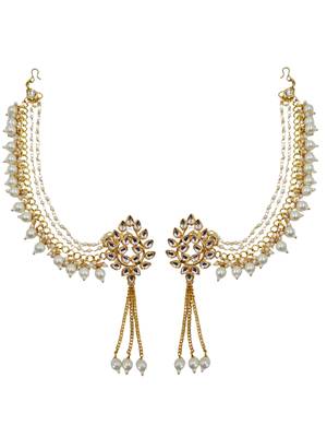 Kundan ear chain ear to hair chain green beads pearl bahubali jhumar rajputi bridal jewellery for women & girls 3