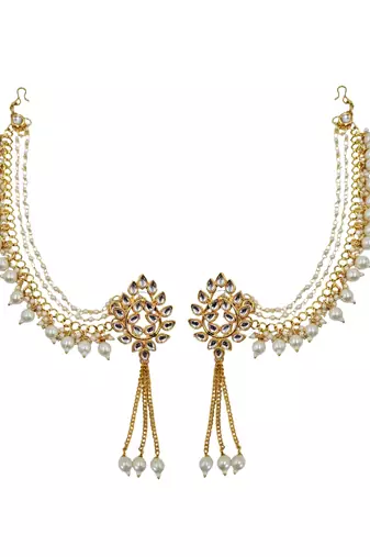 Kundan ear chain ear to hair chain green beads pearl bahubali jhumar rajputi bridal jewellery for women & girls