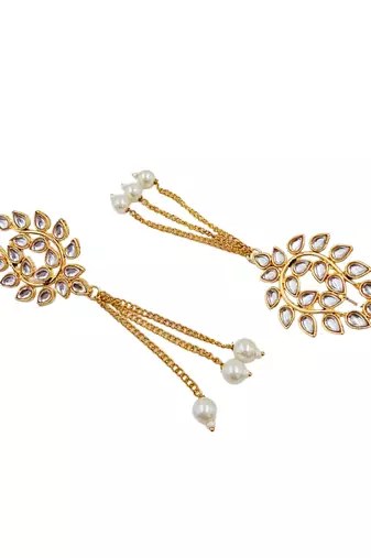 Kundan ear chain ear to hair chain green beads pearl bahubali jhumar rajputi bridal jewellery for women & girls