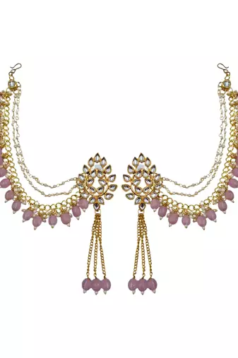 Kundan ear chain ear to hair chain green beads pearl bahubali jhumar rajputi bridal jewellery for women & girls