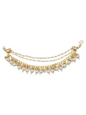 Kundan ear chain ear to hair chain green beads pearl bahubali jhumar rajputi bridal jewellery for women & girls 5