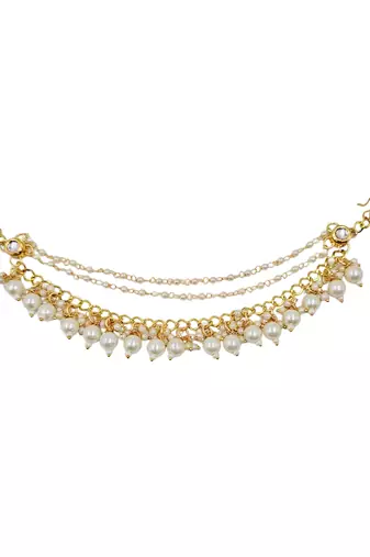 Kundan ear chain ear to hair chain green beads pearl bahubali jhumar rajputi bridal jewellery for women & girls