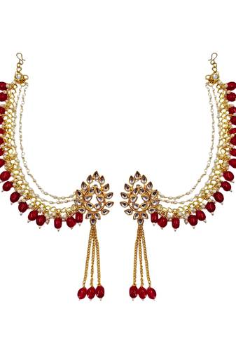 Kundan ear chain ear to hair chain green beads pearl bahubali jhumar rajputi bridal jewellery for women & girls