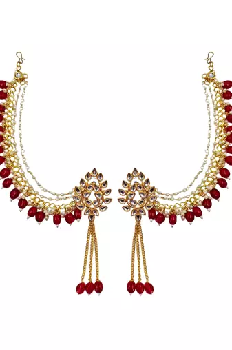 Kundan ear chain ear to hair chain green beads pearl bahubali jhumar rajputi bridal jewellery for women & girls