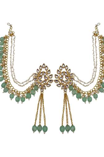 Kundan ear chain ear to hair chain green beads pearl bahubali jhumar rajputi bridal jewellery for women & girls
