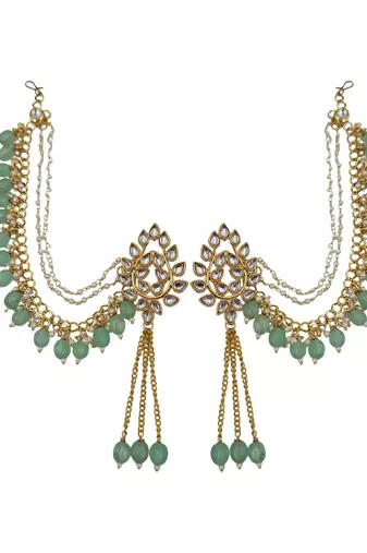 Kundan ear chain ear to hair chain green beads pearl bahubali jhumar rajputi bridal jewellery for women & girls