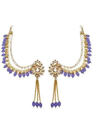 Kundan ear chain ear to hair chain green beads pearl bahubali jhumar rajputi bridal jewellery for women & girls 1