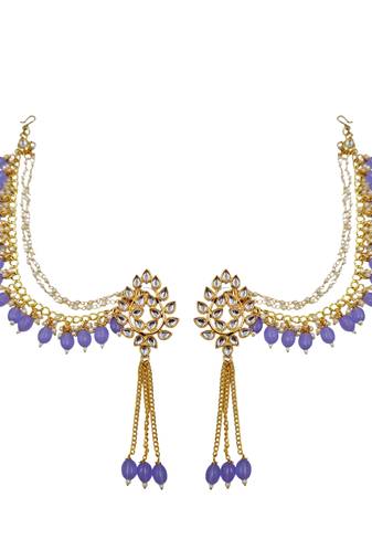 Kundan ear chain ear to hair chain green beads pearl bahubali jhumar rajputi bridal jewellery for women & girls