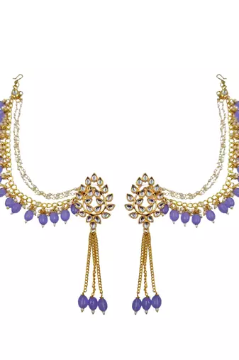 Kundan ear chain ear to hair chain green beads pearl bahubali jhumar rajputi bridal jewellery for women & girls