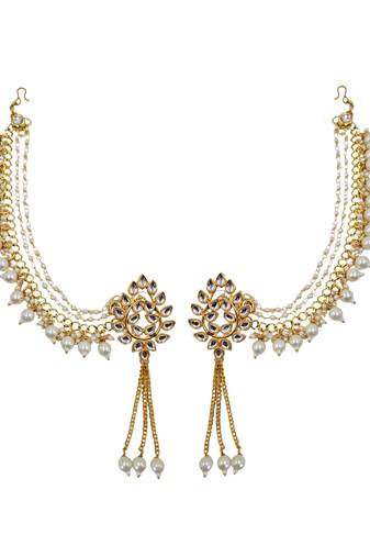 Kundan ear chain ear to hair chain green beads pearl bahubali jhumar rajputi bridal jewellery for women & girls