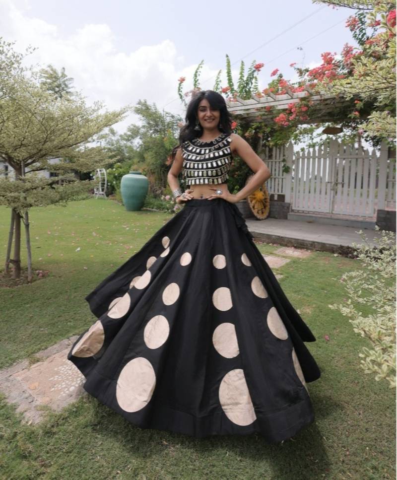 Black Navratri special Roman SilkBlend Gota Work Lehenga Choli Set