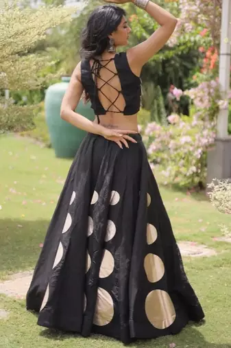 Black Navratri special Roman SilkBlend Gota Work Lehenga Choli Set
