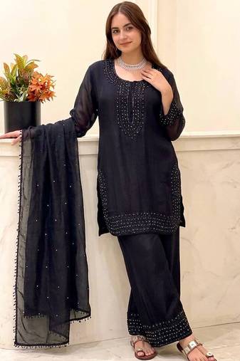 Black fandy silk straight salwar kameez dupatta set