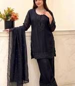 Black fandy silk straight salwar kameez dupatta set
