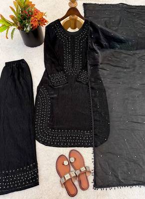 Black fandy silk straight salwar kameez dupatta set 2
