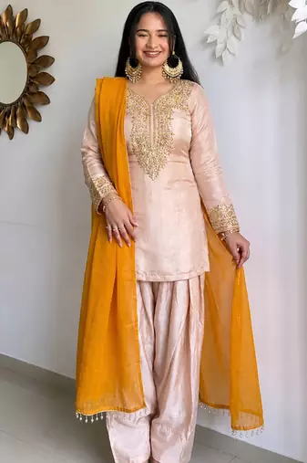 Cream heavy satin glass straight farshi salwar kameez dupatta set