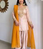 Cream heavy satin glass straight farshi salwar kameez dupatta set