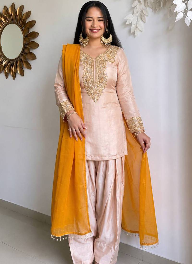 Cream heavy satin glass straight farshi salwar kameez dupatta set