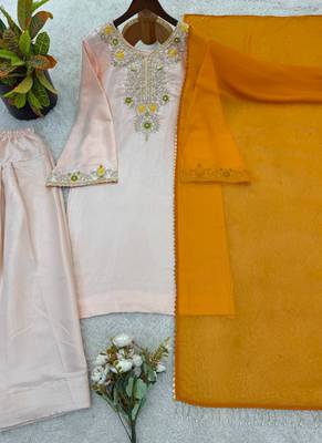 Cream heavy satin glass straight farshi salwar kameez dupatta set 2