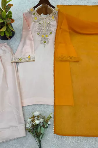 Cream heavy satin glass straight farshi salwar kameez dupatta set