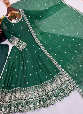 Green crunchy silk straight salwar kameez dupatta set 2