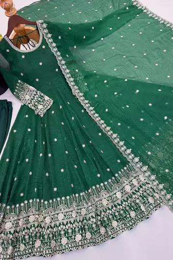 Green crunchy silk straight salwar kameez dupatta set