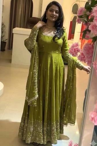 Light green crunchy silk straight salwar kameez dupatta set