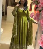 Light green crunchy silk straight salwar kameez dupatta set