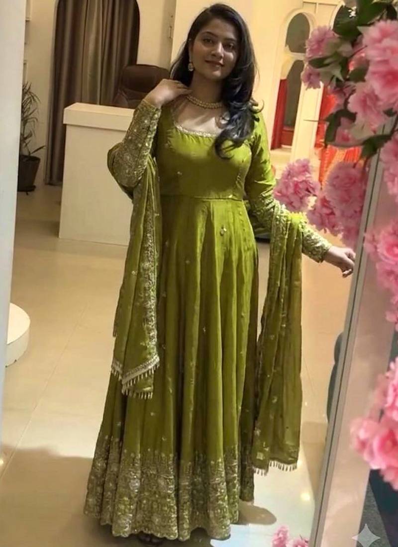 Light green crunchy silk straight salwar kameez dupatta set