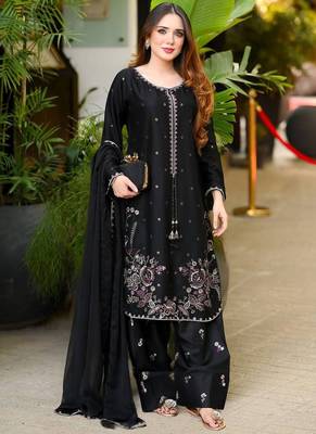 Black heavy satin glass straight farshi salwar kameez dupatta set 1