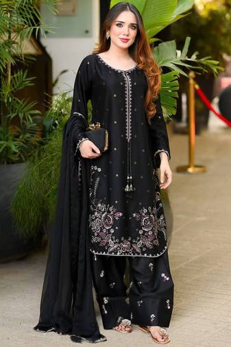 Black heavy satin glass straight farshi salwar kameez dupatta set