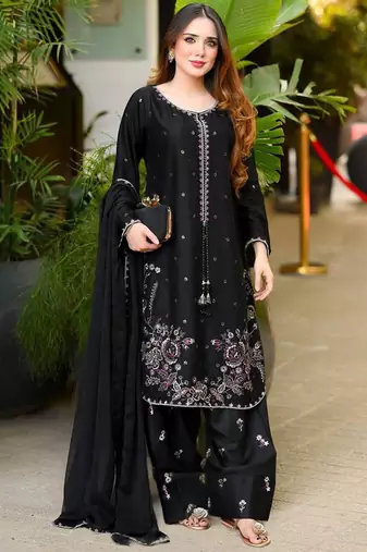 Black heavy satin glass straight farshi salwar kameez dupatta set