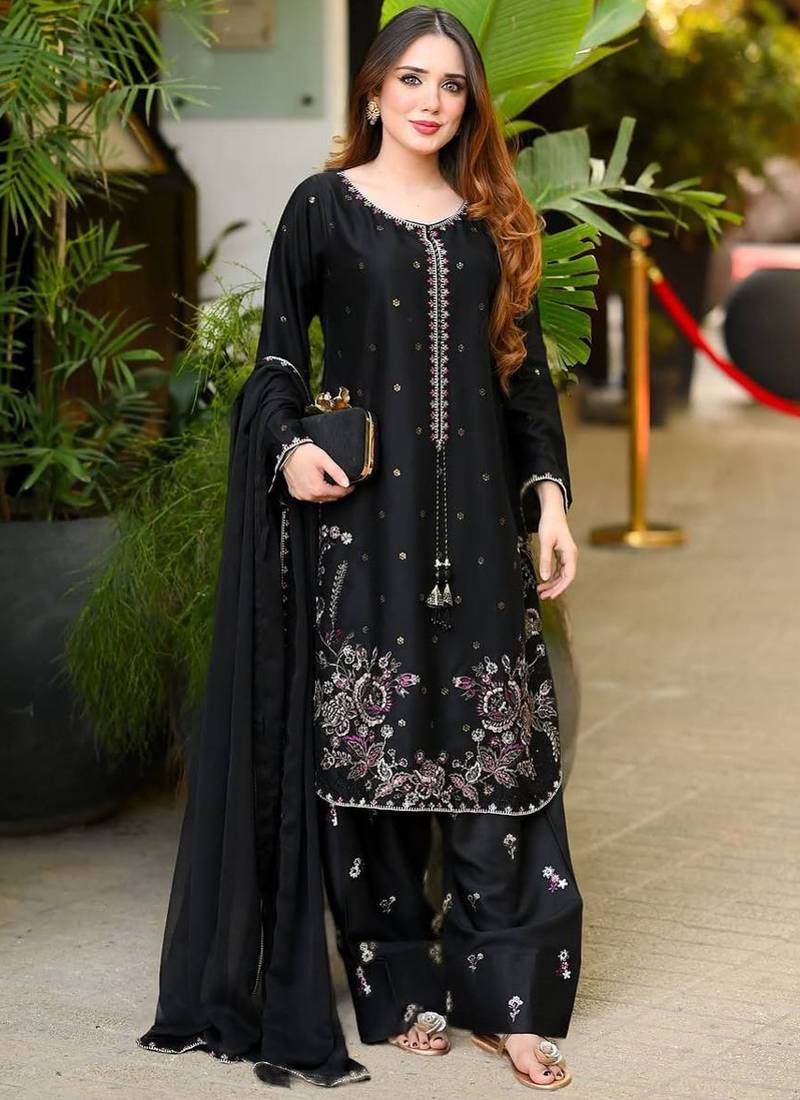 Black heavy satin glass straight farshi salwar kameez dupatta set
