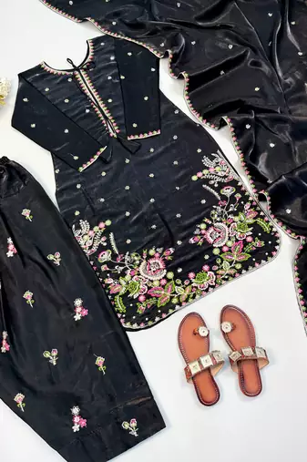 Black heavy satin glass straight farshi salwar kameez dupatta set