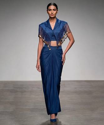 Deep blue embroidered modal satin co ord set 1