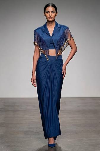 Deep blue embroidered modal satin co ord set