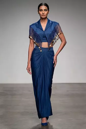 Deep blue embroidered modal satin co ord set
