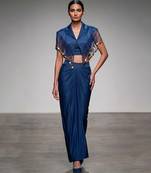 Deep blue embroidered modal satin co ord set