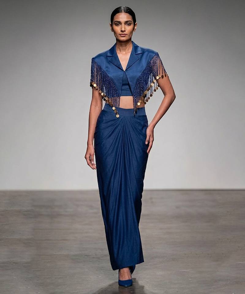 Deep blue embroidered modal satin co ord set