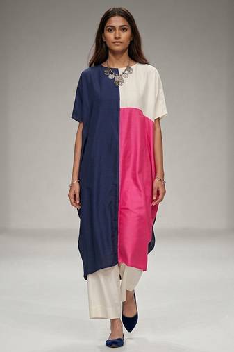 Multicolor color blocked dupion silk kurta set