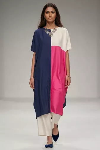 Multicolor color blocked dupion silk kurta set