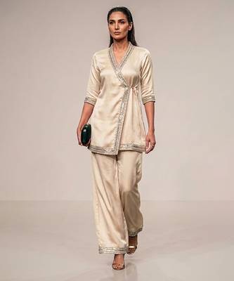 Ivory embroidered gazi silk angrakha kurta set 1