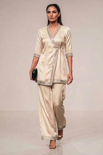 Ivory embroidered gazi silk angrakha kurta set