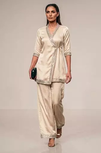 Ivory embroidered gazi silk angrakha kurta set