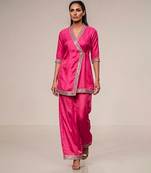 Fuchsia pink embroidered gazi silk kurta set