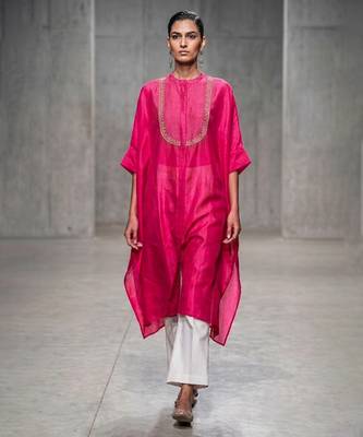Fuchsia pink embroidered dupion silk long kurti set 1