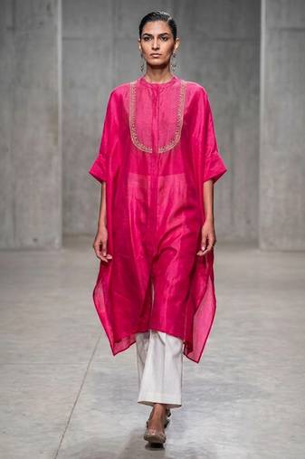 Fuchsia pink embroidered dupion silk long kurti set