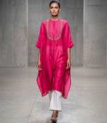 Fuchsia pink embroidered dupion silk long kurti set